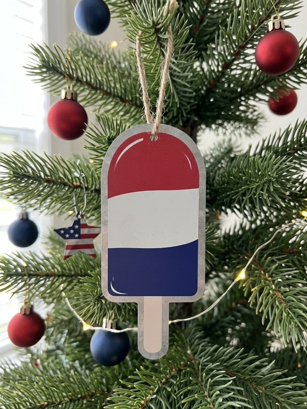 Patriotic Popsicle Metal Ornament 4th of July Red White Blue Summer Tree Decor
